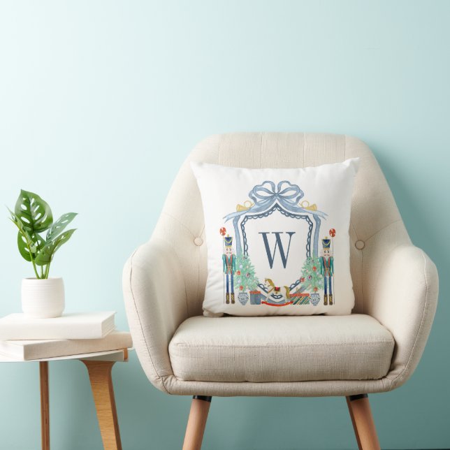 Watercolor Nutcracker Monogram Crest Christmas Throw Pillow (Chair)