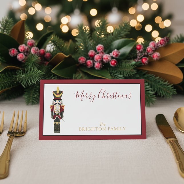 Watercolor Nutcracker Red Merry Christmas Script Place Card (Creator Uploaded)