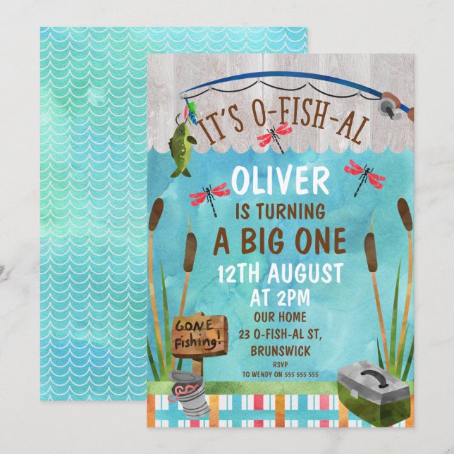 Watercolor O-Fish_Al 1st Birthday Party Invitation (Front/Back)