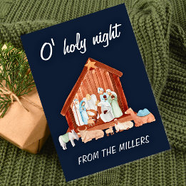 Watercolor O' Holy Night Navy Nativity Non-photo Holiday Card