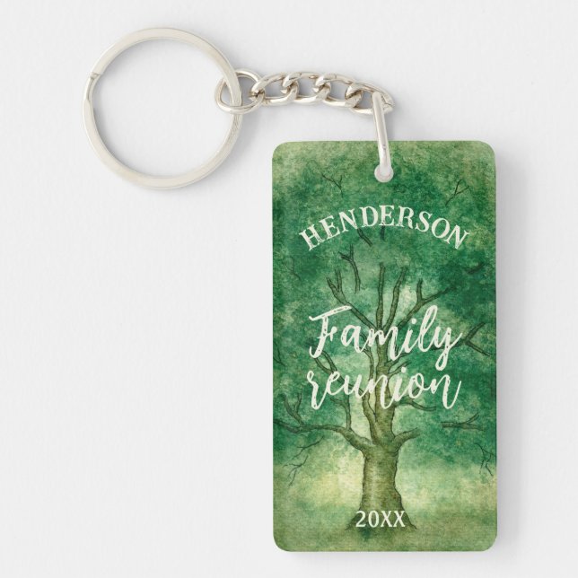 Watercolor Oak Tree Retro Rustic Family Reunion Keychain (Front)