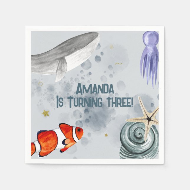 Watercolor Ocean Animals Kids Birthday Party Blue  Napkin (Front)