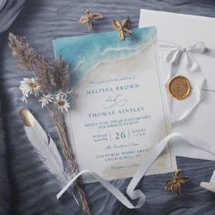 Watercolor Ocean Beach Coastal QR Code Wedding Invitation