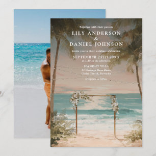 Watercolor Ocean Beach String Lights Photo Wedding Invitation