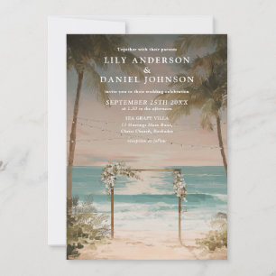 Watercolor Ocean Beach String Lights Wedding Invitation