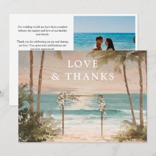 Watercolor Ocean Beach String Lights Wedding Photo Thank You Card
