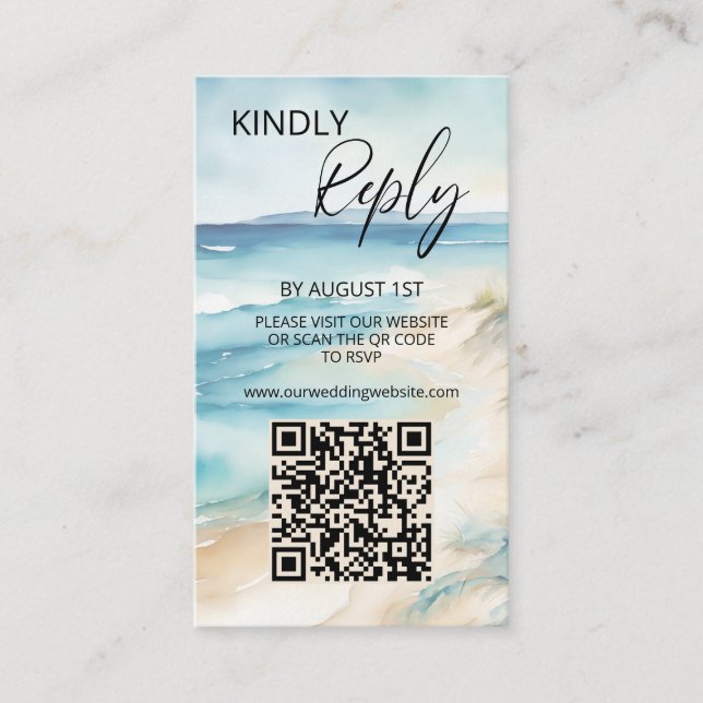 Watercolor Ocean Beach Wedding Website QR Code Enclosure Card (Front)