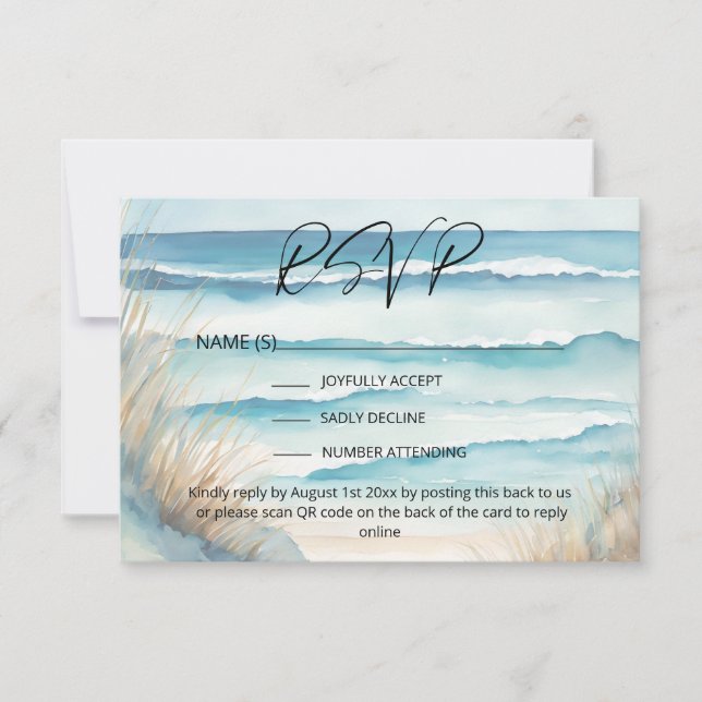 Watercolor Ocean Beach Wedding Website QR Code RSVP Card (Front)