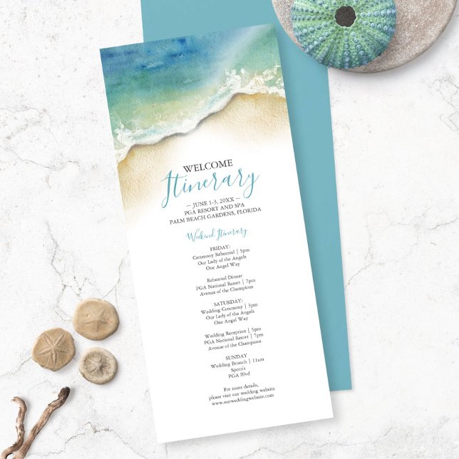 Watercolor Ocean Beach Wedding Weekend Itinerary (Wedding welcome itinerary watercolor seashore art by Victoria Grigaliunas of Do Tell A Belle)