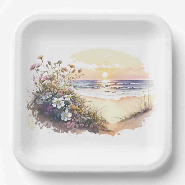 Watercolor Ocean Beach with Flowers Paper Plate (Front)