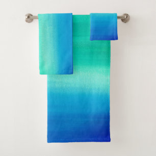 Watercolor Ocean Blue Green Ombre Beach Bath Towel Set