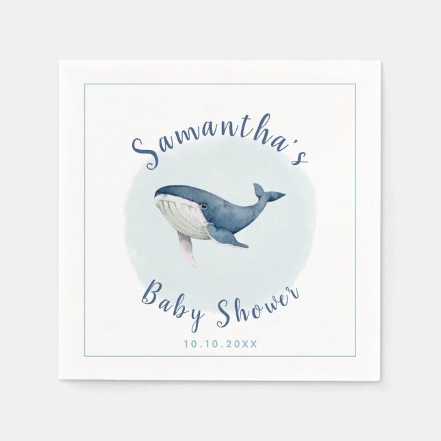Watercolor Ocean Blue Whale Cute Boy's Baby Shower Napkin (Front)