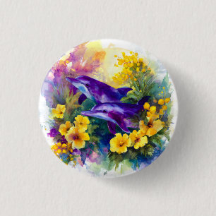 Watercolor Ocean Dolphins Tropical Flowers 1 Inch Round Button