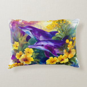Watercolor Ocean Dolphins Tropical Flowers Accent Pillow