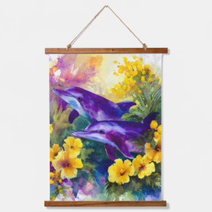 Watercolor Ocean Dolphins Tropical Flowers Hanging Tapestry
