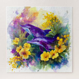 Watercolor Ocean Dolphins Tropical Flowers Jigsaw Puzzle