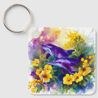 Watercolor Ocean Dolphins Tropical Flowers Keychain