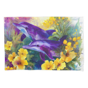 Watercolor Ocean Dolphins Tropical Flowers Pillowcase