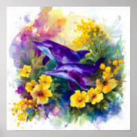 Watercolor Ocean Dolphins Tropical Flowers
