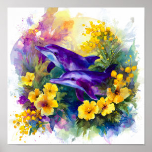 Watercolor Ocean Dolphins Tropical Flowers Poster