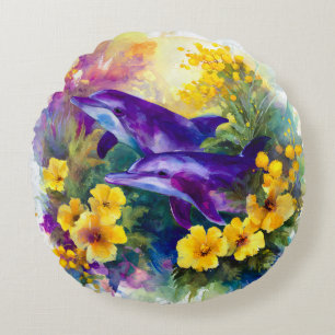 Watercolor Ocean Dolphins Tropical Flowers Round Pillow