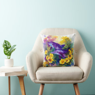 Watercolor Ocean Dolphins Tropical Flowers Throw Pillow