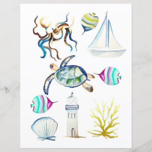 Watercolor ocean elements to cut out and collage