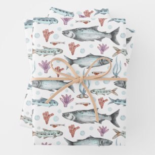 Watercolor Ocean Fish, Coral and Seaweed  Wrapping Paper Sheet