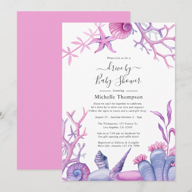 Watercolor Ocean Life Drive By Baby Shower Invitation (Front/Back)