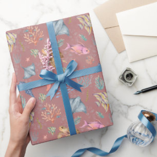 Watercolor Ocean Life Dusty Dark Strawberry Wrapping Paper
