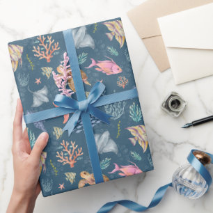 Watercolor Ocean Life Textured Dark Blue Wrapping Paper