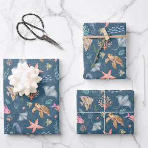 Watercolor Ocean Life Textured Dark Blue Wrapping Paper Sheet