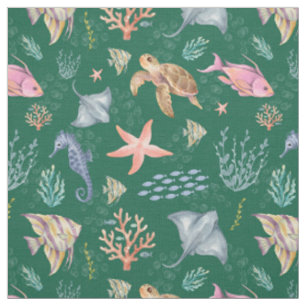 Watercolor Ocean Life Textured Dark Green Fabric