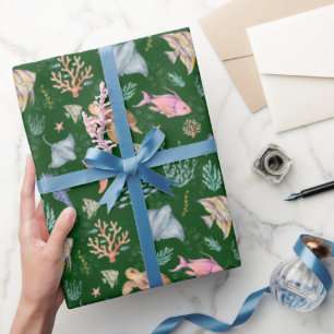 Watercolor Ocean Life Textured Forest Green Wrapping Paper