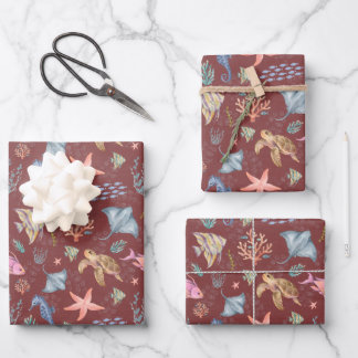 Watercolor Ocean Life Textured Grey Sangria Wrapping Paper Sheet