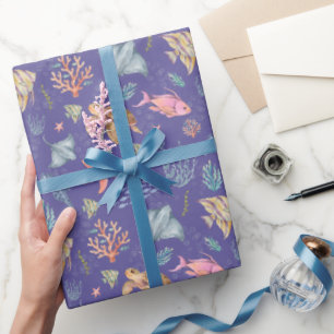 Watercolor Ocean Life Textured Medium Purple Wrapping Paper