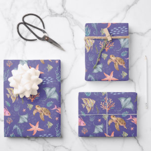 Watercolor Ocean Life Textured Medium Purple Wrapping Paper Sheet