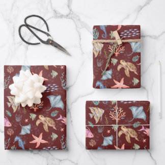 Watercolor Ocean Life Textured Sangria Wrapping Paper Sheet
