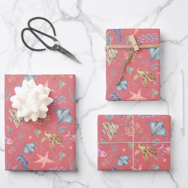 Watercolor Ocean Life Textured Watermelon Wrapping Paper Sheet (Front)