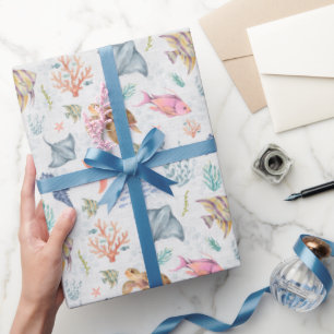 Watercolor Ocean Life Textured White Wrapping Paper