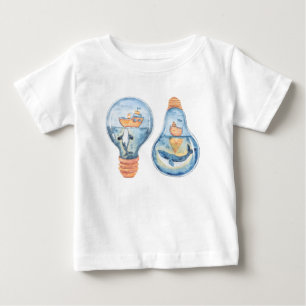 Watercolor Ocean Light bulb Humpback Whale Ship  Baby T-Shirt