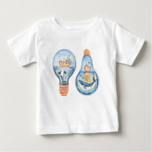 Watercolor Ocean Light bulb Humpback Whale Ship  Baby T-Shirt