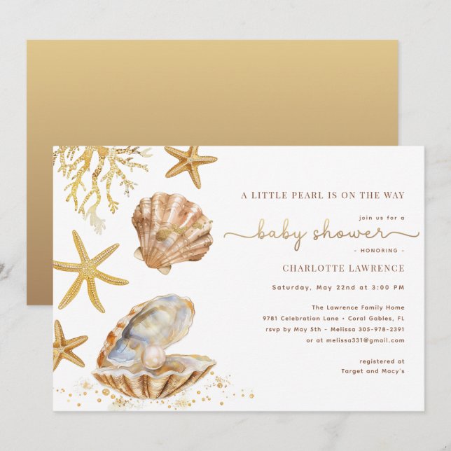 Watercolor Ocean Little Pearl Baby Shower  Invitation (Front/Back)