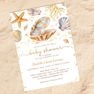 Watercolor Ocean Little Pearl Baby Shower  Invitation