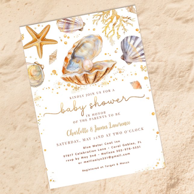 Watercolor Ocean Little Pearl Baby Shower  Invitation (Golden Summer Baby Shower)