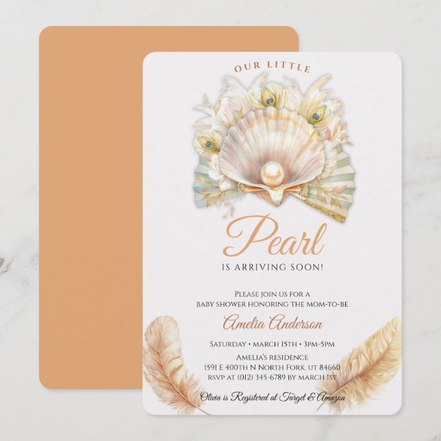 Watercolor Ocean little pearl Seashell Baby Shower Invitation (Front/Back)