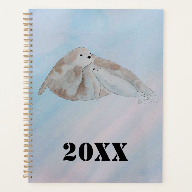 Watercolor Ocean Mother and Baby Harp Seal Planner (Front)