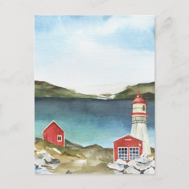 Watercolor ocean mountains lighthouse  postcard (Front)