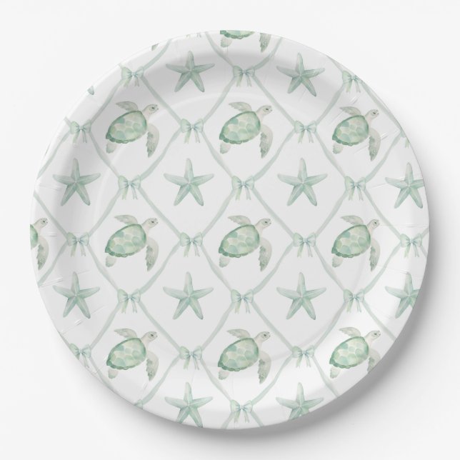 Watercolor Ocean Nautical Starfish Shells Trellis Paper Plate (Front)