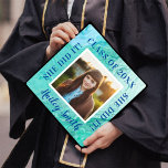 Watercolor Ocean Photo   Typography  Graduation Cap Topper<br><div class="desc">This graduation cap topper design features your graduate's photo, a beautiful watercolor ocean background, modern typography, and calligraphy script. This topper has your graduate's name, class of (year), and the phrase "she did it". All of the these can be customized using the "personalize it" tool. These graduation cap toppers are...</div>